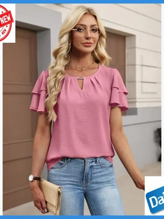 Textured Ruffle Sleeve V-Neck Blouse, Loose Fit Polyester Top for Work Casual - Picture 2 of 7